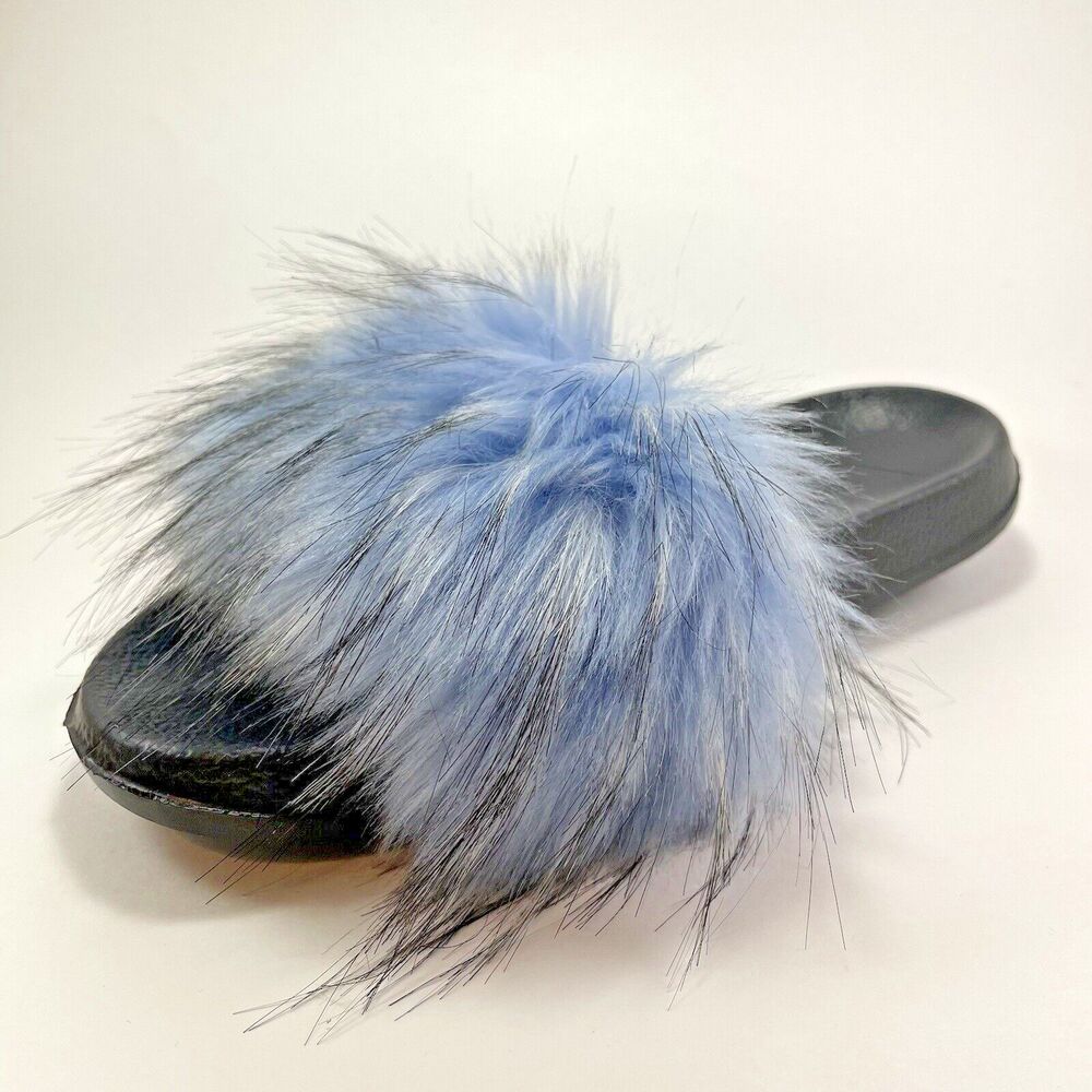 Faux Fox Fur Slides/Slippers Women's US 7.5-8 Light Blue Fuzzy Fluffy Flat Soft